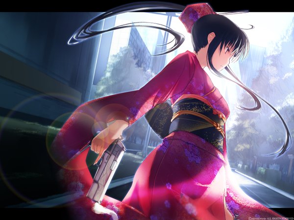 Anime picture 1600x1200 with long hair highres black hair ponytail japanese clothes ribbon (ribbons) kimono gun pistol