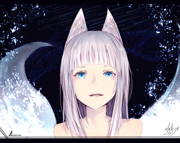 Anime picture 1057x842 with original marumoru long hair looking at viewer open mouth blue eyes bare shoulders signed animal ears white hair tail animal tail fox ears fox tail fox girl girl