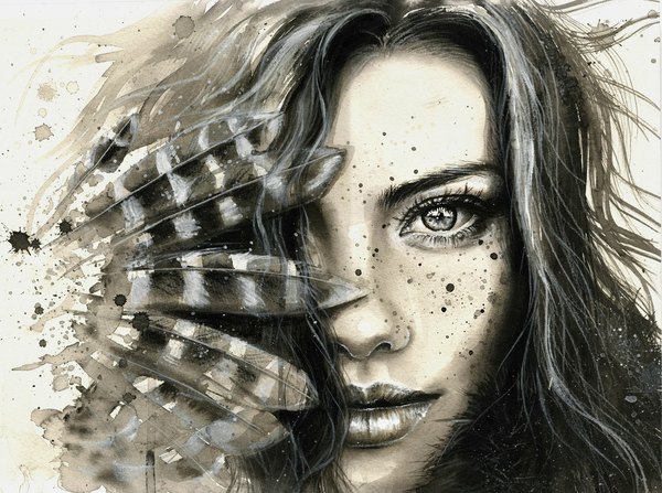 Anime picture 1024x764 with original tanyashatseva (artist) single long hair looking at viewer fringe black hair lips black eyes hair over one eye realistic monochrome portrait face traditional media watercolor (medium) girl feather (feathers)