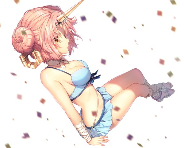 Anime picture 1100x883 with fate (series) fate/apocrypha frankenstein's monster (fate) frankenstein's monster (swimsuit saber) (fate) rosuuri single short hair breasts light erotic large breasts white background signed looking away pink hair cleavage full body profile horn (horns) arm support hair bun (hair buns)