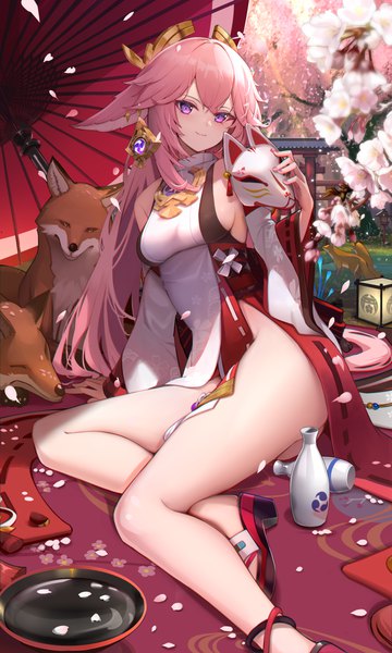 Anime picture 3000x5000 with genshin impact yae miko hukahire0120 single long hair tall image looking at viewer blush fringe highres breasts light erotic smile hair between eyes sitting purple eyes holding animal ears pink hair full body