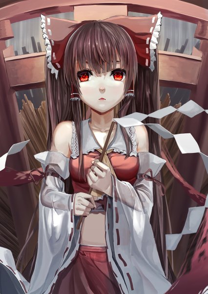 Anime picture 853x1200 with touhou hakurei reimu rayxray single long hair tall image looking at viewer black hair red eyes twintails bare shoulders traditional clothes miko girl skirt bow hair bow detached sleeves skirt set torii