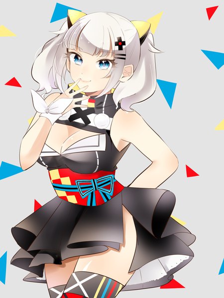 Anime picture 1500x2000 with virtual youtuber the moon studio kaguya luna ss piyo single tall image looking at viewer fringe short hair breasts blue eyes light erotic smile standing twintails bare shoulders payot cleavage silver hair blunt bangs