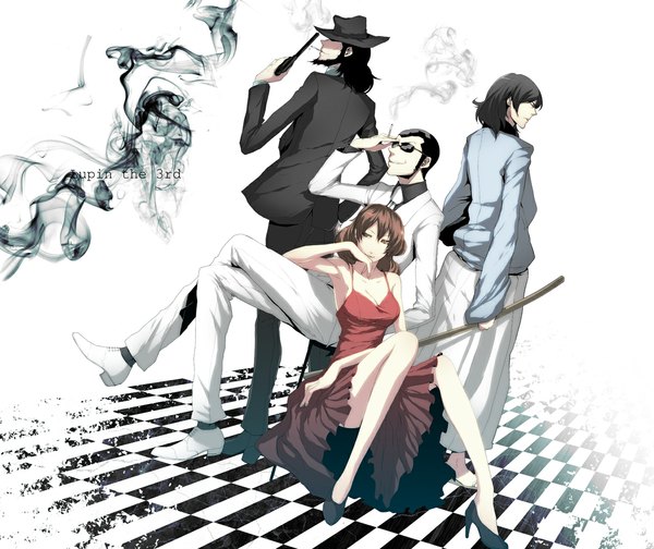 Anime picture 1189x1000 with lupin iii jigen daisuke arsene lupin iii mine fujiko ishikawa goemon xiii pizaya long hair black hair smile brown hair white background sitting bare shoulders brown eyes eyes closed japanese clothes profile from behind inscription crossed legs