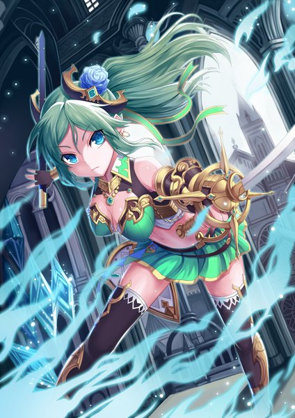 Anime picture 2480x3507 with original ling si single long hair tall image looking at viewer fringe highres breasts blue eyes light erotic hair between eyes large breasts bare shoulders payot cleavage hair flower green hair pointy ears bare belly