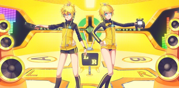Anime picture 2666x1320 with project diva project diva f vocaloid rimocon (vocaloid) kagamine rin kagamine len madyy single highres short hair blue eyes blonde hair smile wide image ponytail nail polish couple hand on hip twins girl