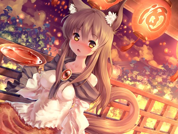 Anime picture 1200x900 with touhou imaizumi kagerou volcano (liao) single long hair looking at viewer blush fringe breasts open mouth light erotic brown hair sitting bare shoulders holding animal ears yellow eyes cloud (clouds) tail animal tail