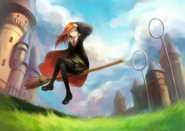 Anime picture 2000x1414 with harry potter ginny weasley ask (askzy) single long hair highres short hair brown eyes sky cloud (clouds) full body one eye closed wink orange hair flying girl thighhighs black thighhighs plant (plants) necktie