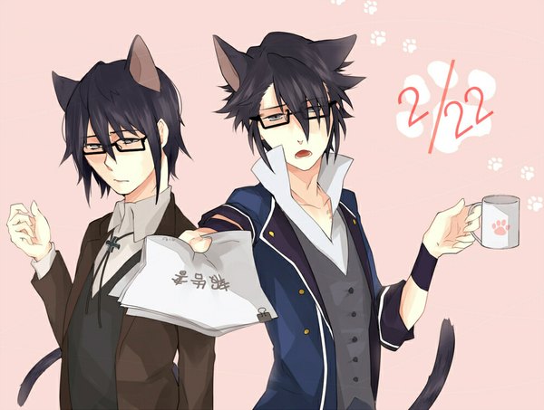 Anime picture 1000x755 with k-project gohands (studio) fushimi saruhiko inoshishi michi looking at viewer short hair open mouth simple background animal ears cat ears cat tail pink background dual persona kemonomimi mode boy glasses paper wristlet mug