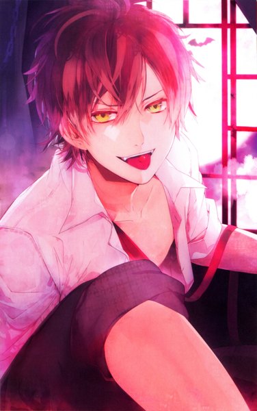 Anime picture 3909x6238 with diabolik lovers idea factory sakamaki ayato tall image looking at viewer highres short hair yellow eyes absurdres red hair :p partially open clothes vampire boy shirt tongue
