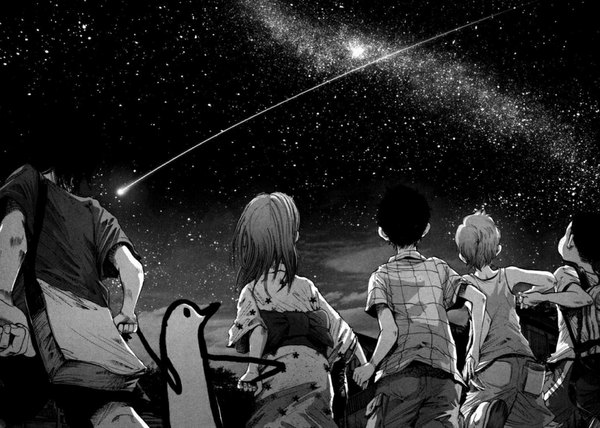 Anime picture 1024x732 with oyasumi punpun punpun aiko tanaka asano inio short hair sky traditional clothes japanese clothes from behind scan night night sky holding hands monochrome scenic shooting star kimono star (stars) bag child (children)