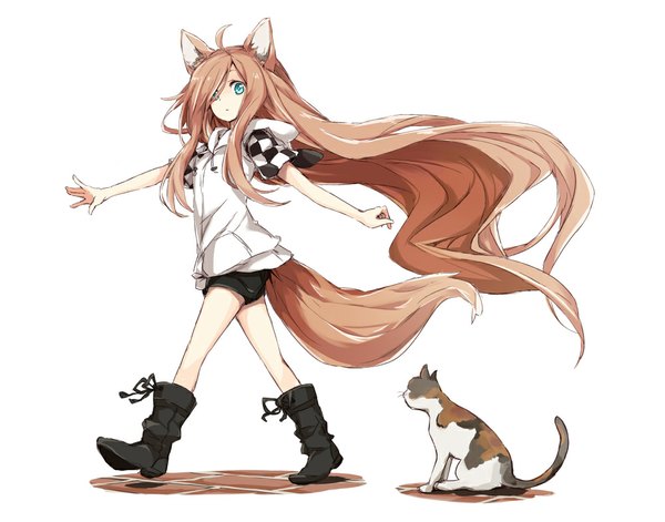 Anime picture 1000x785 with minecraft toromera single looking at viewer fringe simple background brown hair standing white background sitting animal ears tail very long hair animal tail aqua eyes cat ears hair over one eye cat girl cat tail spread arms