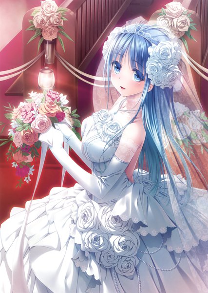Anime picture 2489x3500 with original narumi suzune single long hair tall image looking at viewer blush highres open mouth blue eyes bare shoulders blue hair scan official art girl dress gloves flower (flowers) petals elbow gloves