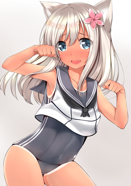 Anime picture 2015x2868 with kantai collection ro-500 submarine go-1 single long hair tall image blush fringe highres open mouth light erotic simple background hair between eyes animal ears arm up hair flower aqua eyes grey hair cat ears grey background