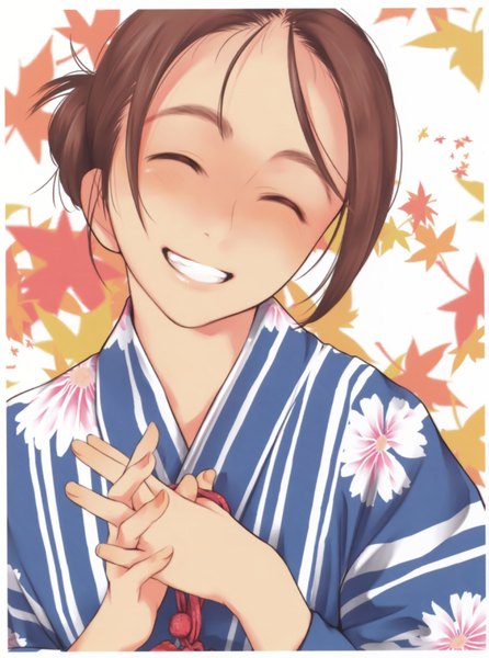 Anime picture 2630x3533 with original kamo (gafas) single tall image highres short hair simple background smile brown hair white background upper body eyes closed traditional clothes head tilt japanese clothes scan hair bun (hair buns) grin floral print border