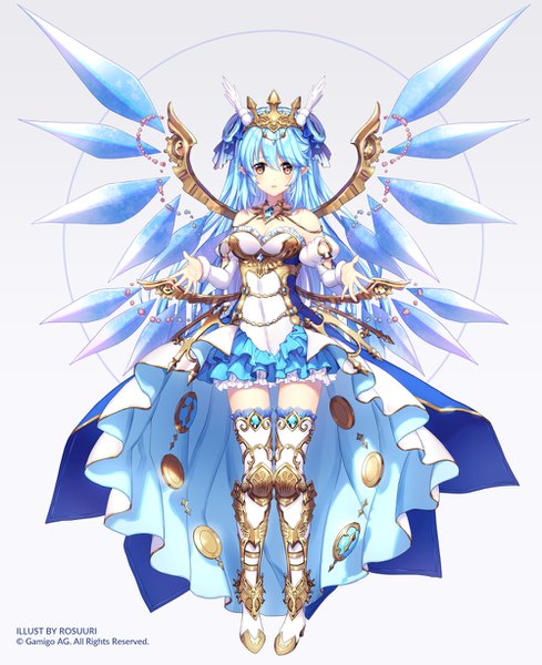 Anime picture 1000x1228 with original rosuuri single long hair tall image looking at viewer fringe hair between eyes standing bare shoulders yellow eyes blue hair zettai ryouiki puffy sleeves spread arms head wings frilly skirt girl dress detached sleeves
