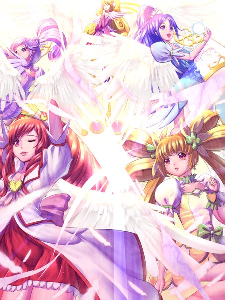 Anime picture 1199x1599 with precure dokidoki! precure toei animation aida mana yotsuba alice cure heart cure sword cure rosetta cure diamond madoka aguri cure ace harihisa long hair tall image blonde hair red eyes purple eyes multiple girls blue hair purple hair