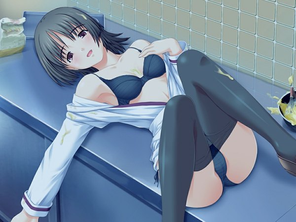 Anime picture 1024x768 with parfait chocolat second brew light erotic black hair brown eyes game cg girl underwear panties