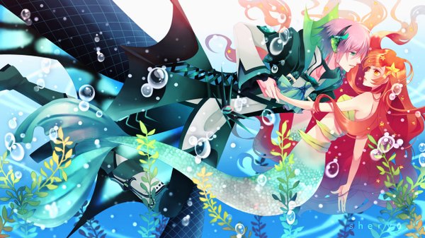 Anime picture 1280x720 with original sheryu short hair wide image green eyes yellow eyes pink hair very long hair profile multicolored hair aqua eyes grey hair orange hair orange eyes couple holding hands gradient hair underwater face to face girl