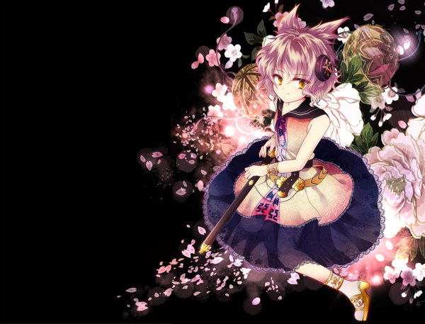 Anime picture 1600x1219 with touhou toyosatomimi no miko uranaishi (miraura) single short hair brown hair sitting bare shoulders yellow eyes cherry blossoms black background girl dress flower (flowers) petals
