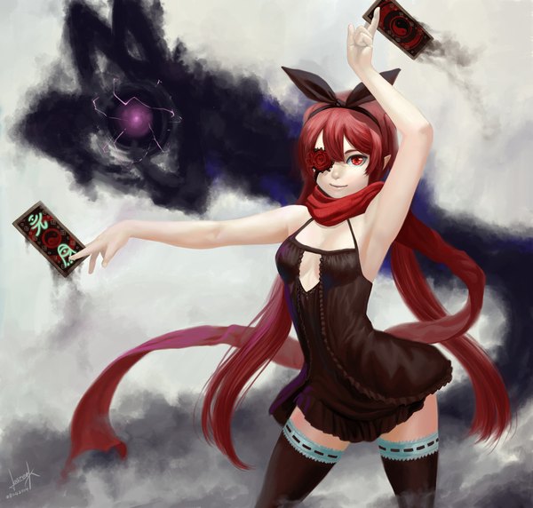 Anime picture 2079x1984 with original lasterk single looking at viewer highres red eyes signed red hair very long hair girl thighhighs dress bow black thighhighs hair bow scarf eyepatch ofuda