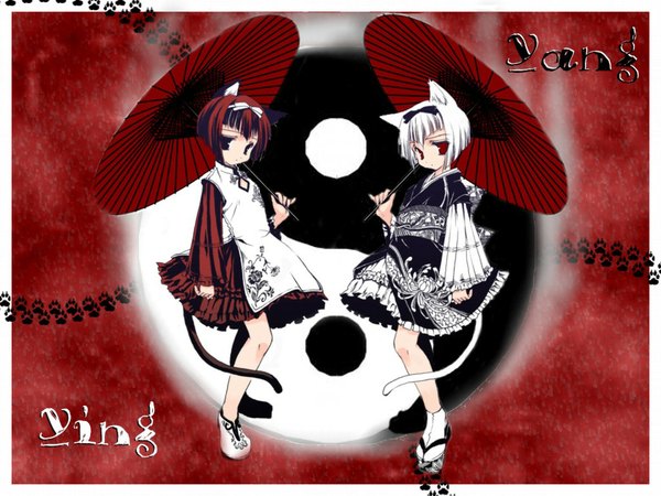 Anime picture 1024x768 with tagme (copyright) minato hiromu ilumina looking at viewer short hair red eyes multiple girls animal ears full body white hair red hair tail animal tail cat ears cat girl cat tail third-party edit footprints yin yang symmetry