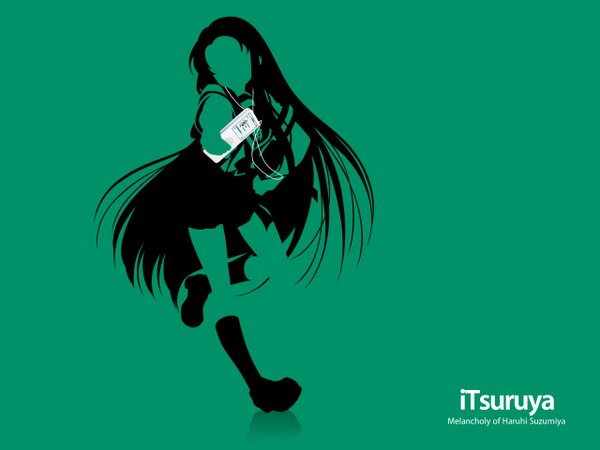 Anime picture 1280x960 with suzumiya haruhi no yuutsu kyoto animation ipod tsuruya silhouette green background parody girl