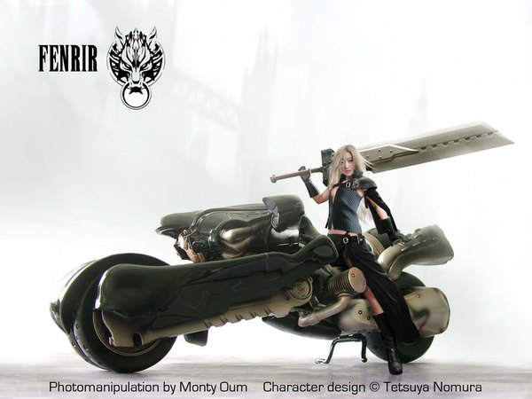 Anime picture 1024x768 with long hair simple background blonde hair inscription sword motorcycle fenrir (vehicle)