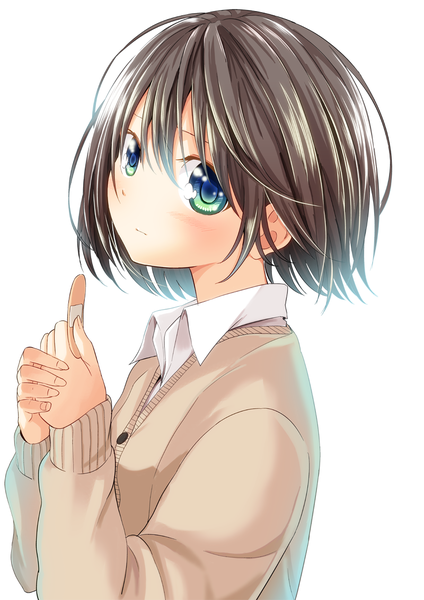 Anime picture 800x1133 with original nishigori atsushi single tall image looking at viewer blush fringe short hair blue eyes simple background hair between eyes brown hair white background holding upper body profile hands clasped girl uniform shirt