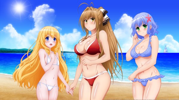 Anime picture 2560x1440 with amagi brilliant park kyoto animation sento isuzu latifa fleuranza muse (amaburi) akiranyo myouken yuuko long hair blush highres short hair breasts blue eyes light erotic blonde hair brown hair wide image multiple girls brown eyes signed