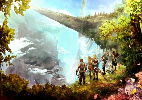 Anime picture 11589x8193 with xenoblade tagme (artist) long hair highres short hair blonde hair multiple girls absurdres cloud (clouds) from behind multiple boys group mountain muscle landscape clothes on shoulders rock incredibly absurdres girl boy