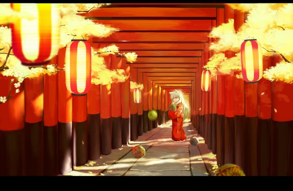 Anime picture 2300x1500 with inuyasha inuyasha (character) par long hair highres red eyes silver hair barefoot cherry blossoms boy flower (flowers) branch ball lantern pillar column