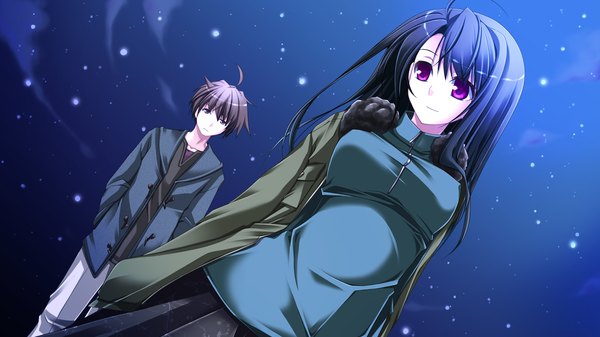 Anime picture 1280x720 with end sleep long hair short hair black hair brown hair wide image purple eyes brown eyes game cg night snowing girl boy jacket