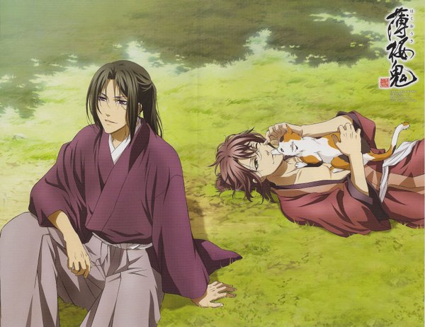 Anime picture 3008x2319 with hakuouki shinsengumi kitan studio deen okita souji (hakuouki) hijikata toshizou (hakuouki) yone kazuki long hair highres brown hair traditional clothes japanese clothes scan boy