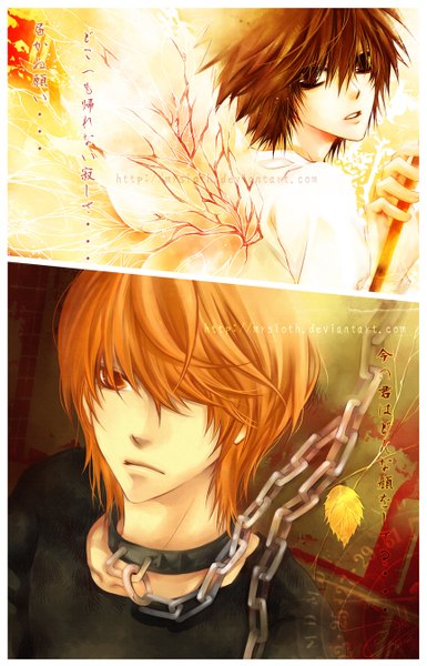 Anime picture 864x1346 with death note madhouse yagami light l (death note) mrsloth (artist) tall image looking at viewer fringe short hair brown hair brown eyes looking away from behind hair over one eye orange hair multiple boys orange eyes multiview framed boy