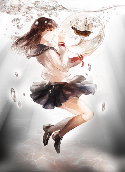 Anime picture 1000x1365 with original juexing (moemoe3345) single long hair tall image brown hair brown eyes girl skirt socks serafuku shoes white socks bubble (bubbles) watercraft ship