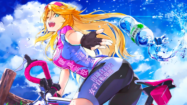 イラスト 2560x1440 と 南鎌倉高校女子自転車部 sandy mcdougal g yuusuke ソロ 長髪 カメラ目線 highres 開いた口 青い目 light erotic 金髪 wide image 空 cloud (clouds) 尻 outstretched arm ;d エンドカード 女の子 手袋