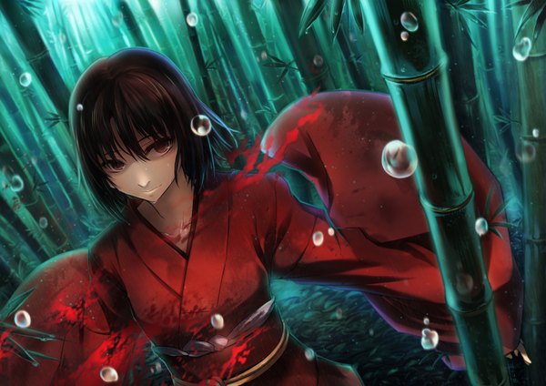 Anime picture 1800x1273 with kara no kyoukai type-moon ryougi shiki todee single highres short hair black hair red eyes standing looking away outdoors long sleeves traditional clothes japanese clothes spread arms rain bamboo forest girl tree (trees)