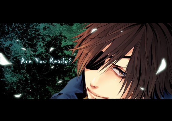 Anime picture 1500x1056 with sengoku basara production i.g date masamune meronica short hair smile brown hair brown eyes letterboxed looking up boy plant (plants) tree (trees) leaf (leaves) eyepatch