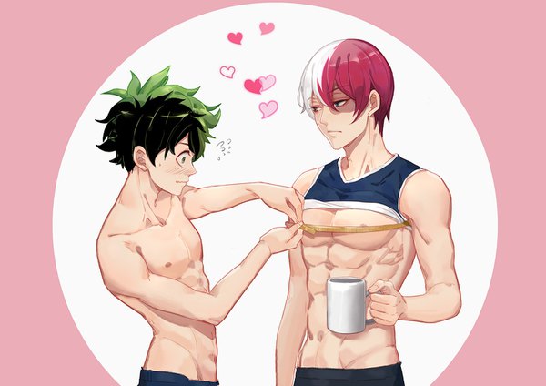 Anime picture 1448x1024 with boku no hero academia studio bones todoroki shouto midoriya izuku kitsune (pixiv5601263) short hair upper body white hair red hair profile multicolored hair green hair two-tone hair multiple boys heterochromia groin muscle abs bust measuring boy