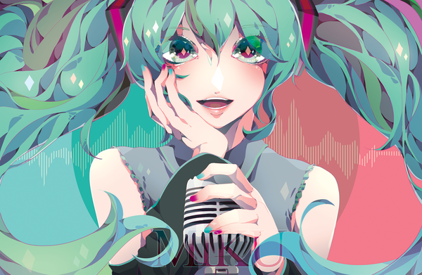 Anime picture 2175x1418 with vocaloid hatsune miku puri single long hair looking at viewer highres smile twintails nail polish aqua eyes aqua hair logo girl detached sleeves shirt microphone