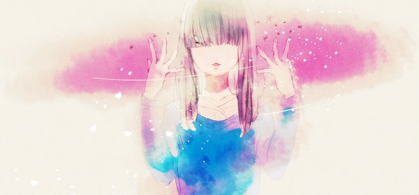 Anime picture 1500x700 with real life daoko ccccheee single long hair fringe open mouth black hair wide image blunt bangs eyes closed hair over eyes girl star (symbol) hands