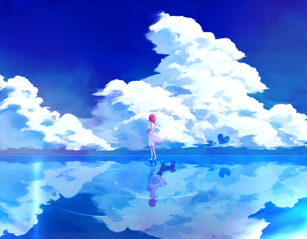 Anime picture 2080x1625 with original junjam single highres short hair cloud (clouds) full body red hair barefoot wind reflection walking ripples different reflection girl dress ribbon (ribbons) hair ribbon animal water