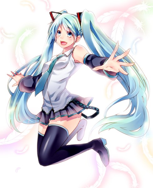 Anime picture 1175x1444 with vocaloid hatsune miku kat (bu-kunn) single tall image blush open mouth twintails bare shoulders very long hair aqua eyes aqua hair spread arms jumping girl detached sleeves thigh boots feather (feathers)