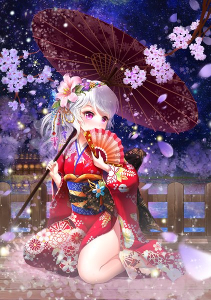 Anime picture 2079x2953 with original lunacle single long hair tall image looking at viewer blush fringe highres sitting holding full body bent knee (knees) white hair long sleeves traditional clothes japanese clothes pink eyes hair flower night