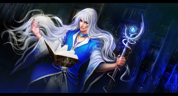 Anime picture 1630x882 with anndr (artist) single long hair looking at viewer blue eyes red eyes wide image silver hair nail polish fingernails heterochromia magic long fingernails face paint magician boy choker belt book (books) building (buildings)