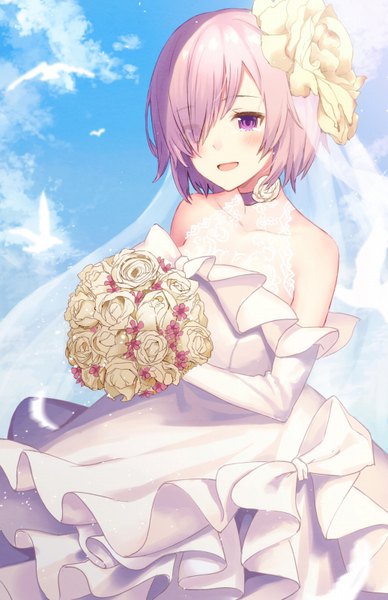 Anime picture 518x800 with fate (series) fate/grand order mash kyrielight haru (hiyori-kohal) single tall image blush fringe short hair open mouth smile purple eyes holding sky purple hair cloud (clouds) hair over one eye girl dress gloves