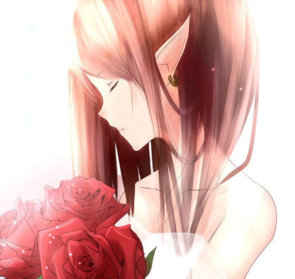Anime picture 1900x1800 with original shiguru single long hair blush fringe highres simple background hair between eyes brown hair white background upper body eyes closed pointy ears sleeveless girl flower (flowers) rose (roses) bouquet red rose