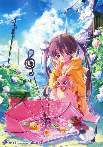 Anime picture 2542x3600 with girls, girls, girls! 11 (artbook) tsucaco (artist) single long hair tall image blush highres blue eyes smile brown hair twintails sky cloud (clouds) scan official art girl flower (flowers) animal umbrella cat