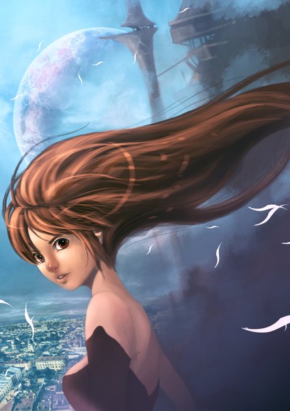 Anime picture 2480x3508 with original jazz4728 single long hair tall image looking at viewer highres open mouth brown hair bare shoulders brown eyes sky cloud (clouds) back city smoke cityscape girl moon feather (feathers)